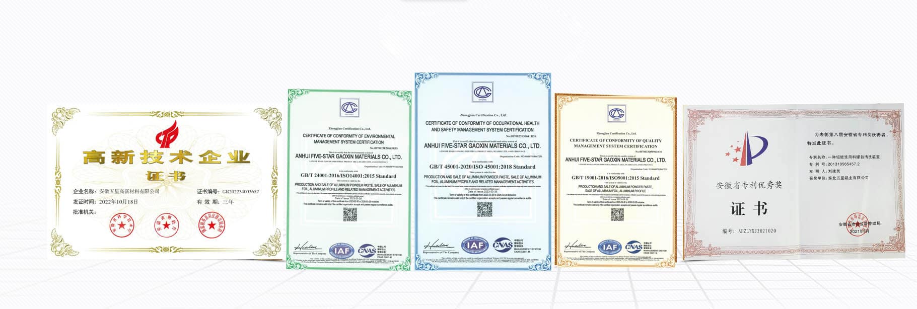 Certificados de materiales de 5 estrellas